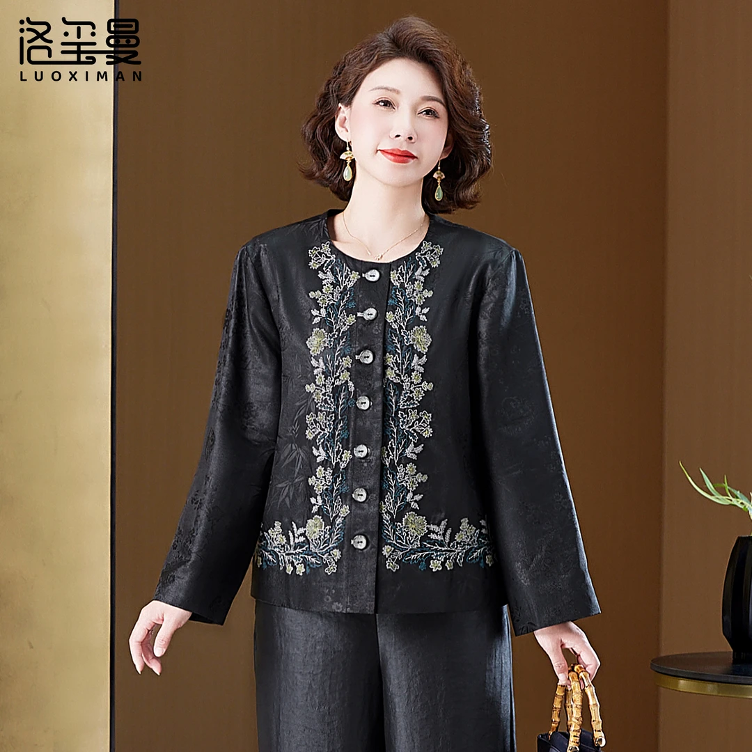 洛玺曼香云纱新中式外套国风妈妈装新款春季刺绣真丝桑蚕丝上衣女