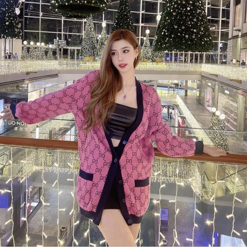 99新 GUCCI/古驰  yy843  棉 双G满印拼色开衫 S码