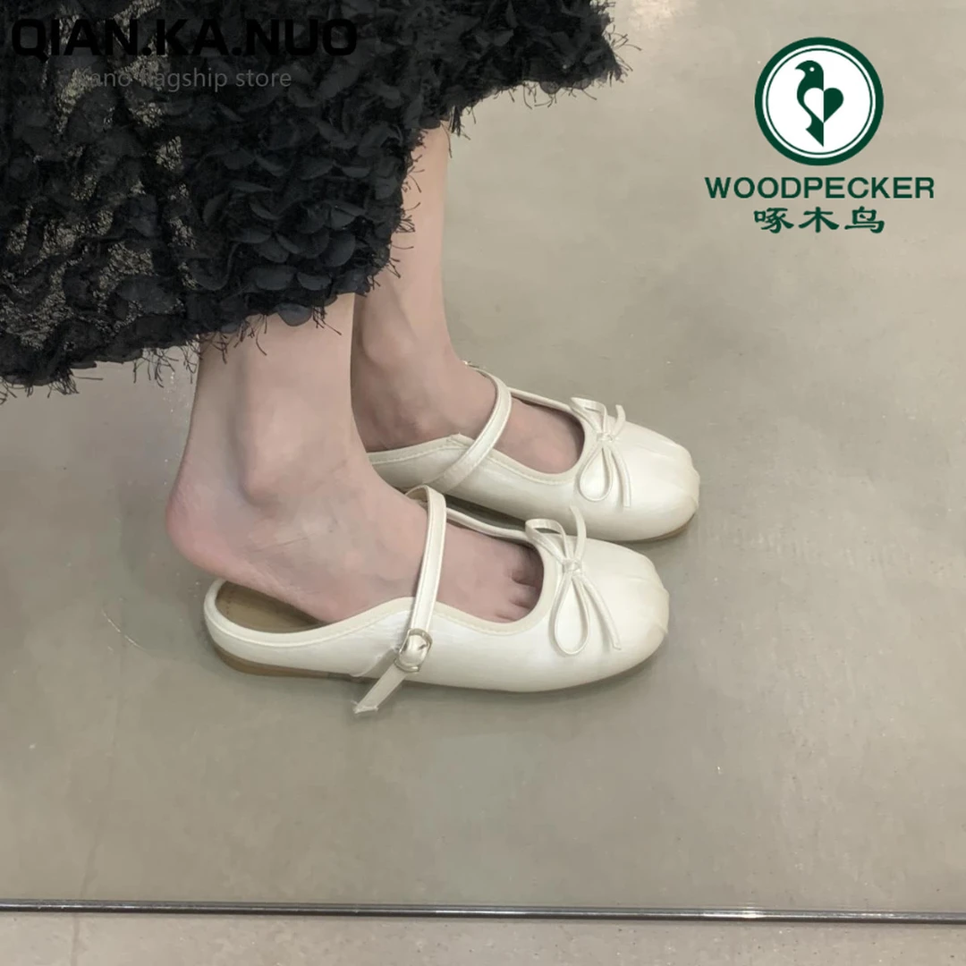 啄木鸟2025夏季新款法式复古风圆头拖鞋女外穿百搭单鞋一脚蹬软底