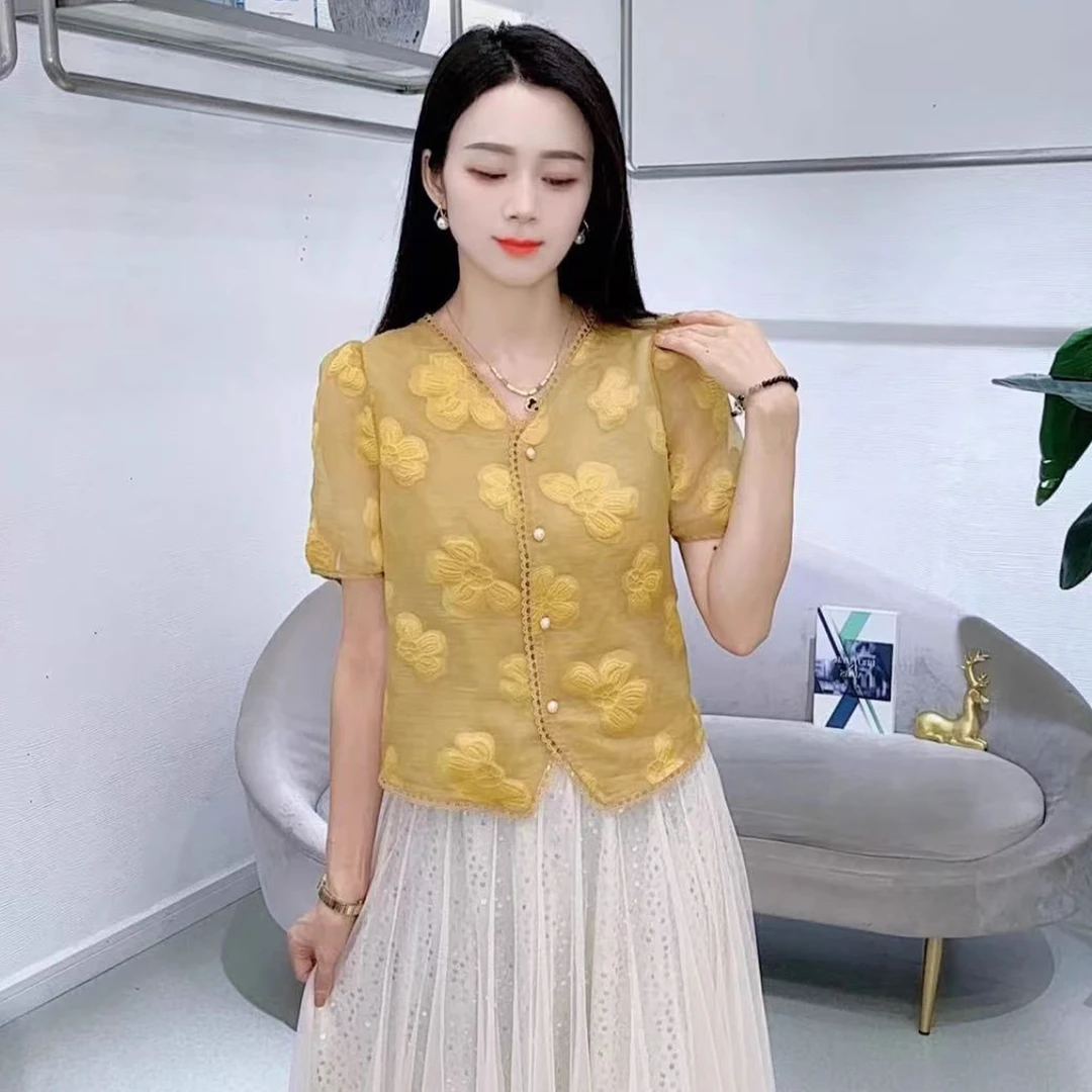 提花纽扣小衫夏季V领洋气短款短袖衬衫抗皱衬衣洋气显瘦百搭上衣