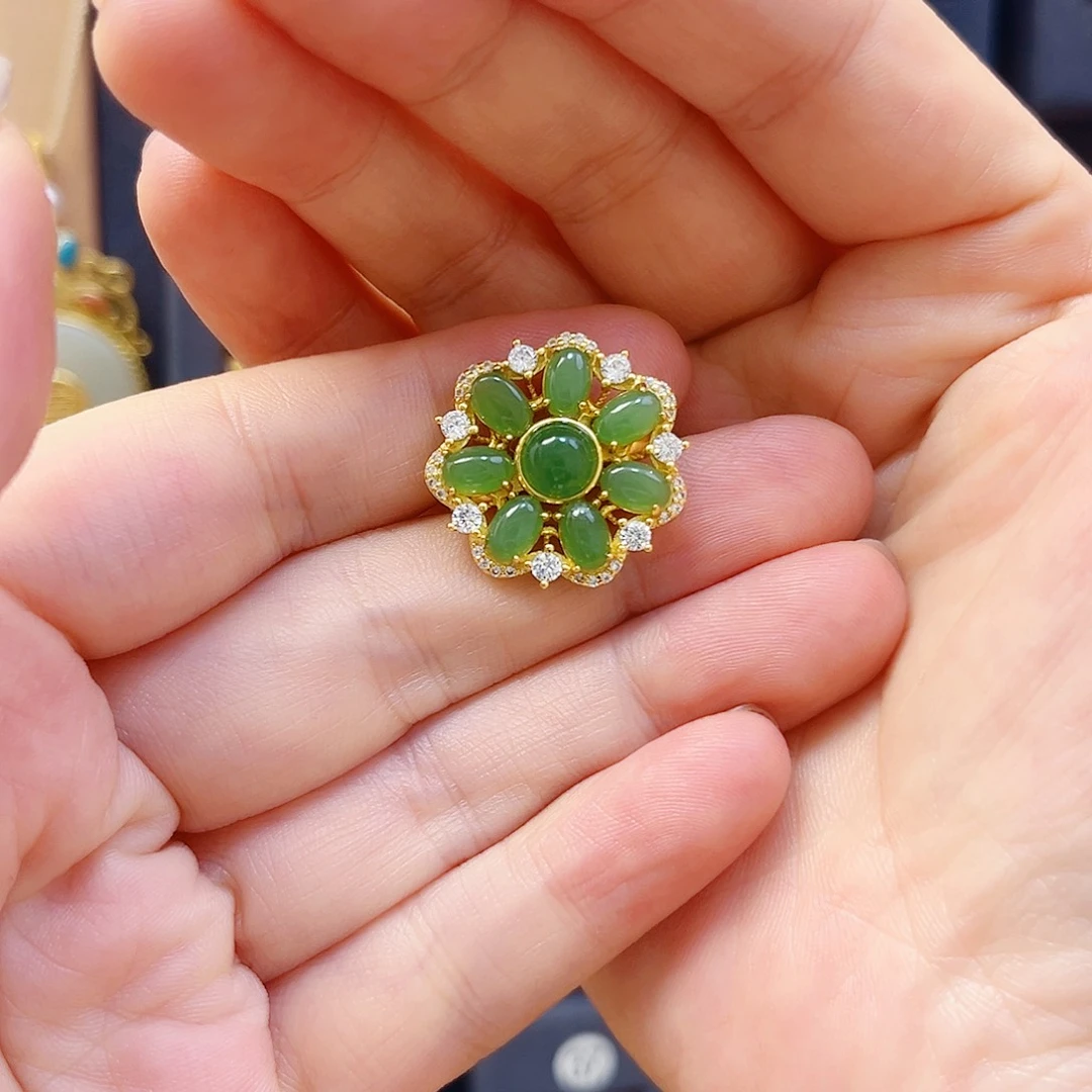 和田玉银S925镀金镶嵌戒指