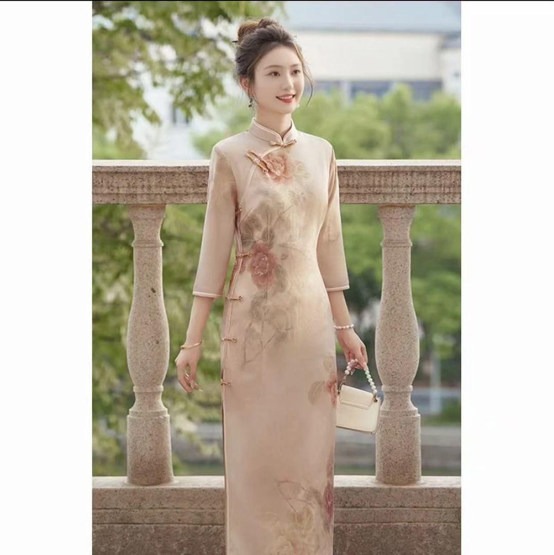 苏州高端【桃粉】裙长125cm低开衩长裙七分袖长旗袍中国风厚款旗袍