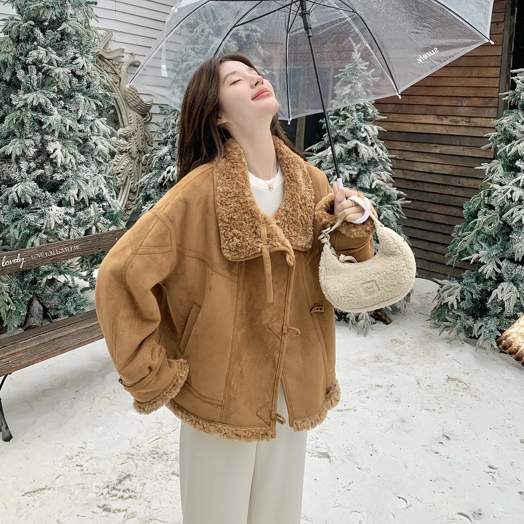 韩系宽松复古设计感毛绒拼接麂皮绒短外套女2025新款冬季加厚棉服