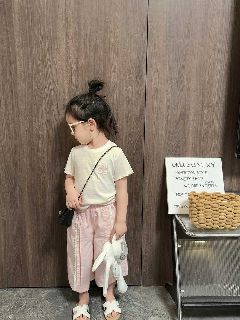 【熙熙TY】韩国儿童夏款轻薄条纹系带短袖配花边直筒棉布裤两件套潮