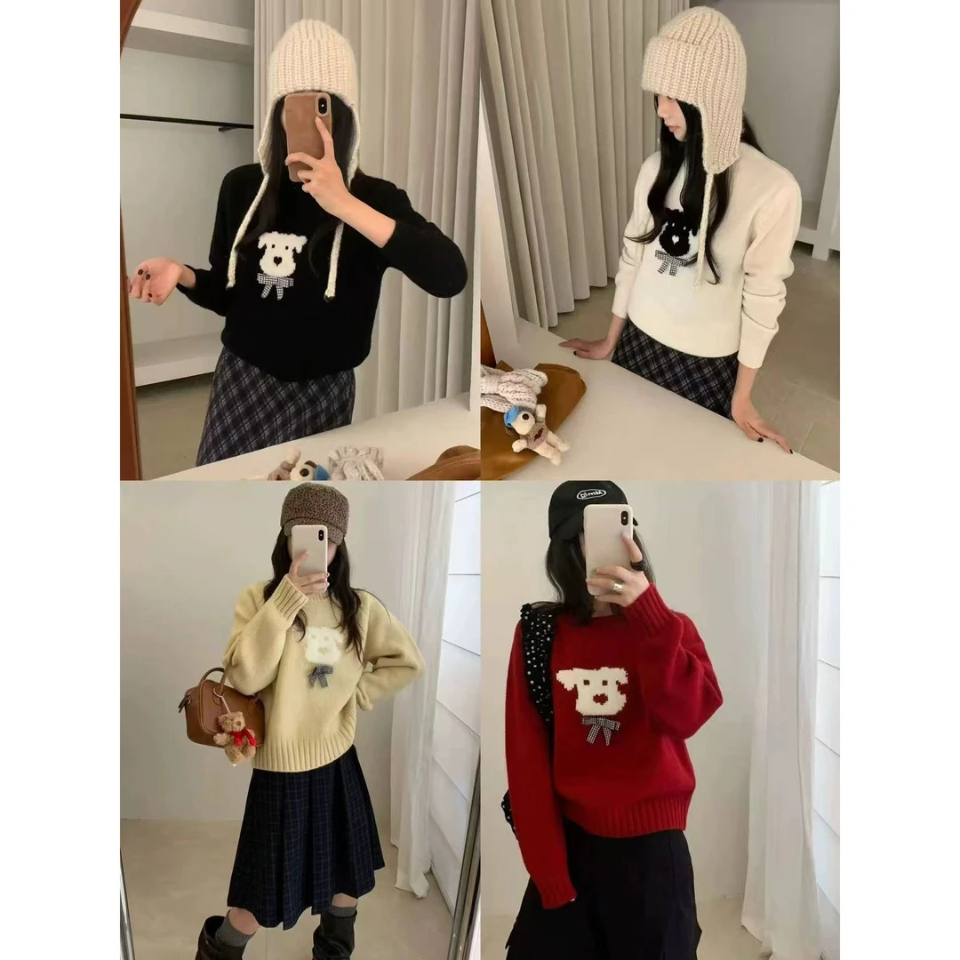 L-66-253#韩版蝴蝶结小狗宽松慵懒风圆领毛衣