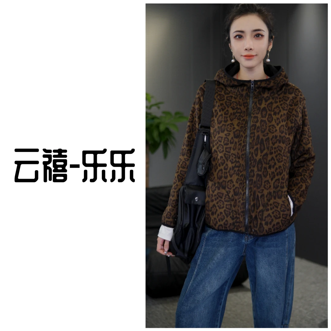 连帽厚款短款豹纹透气常规短外套加绒外套秋冬女士