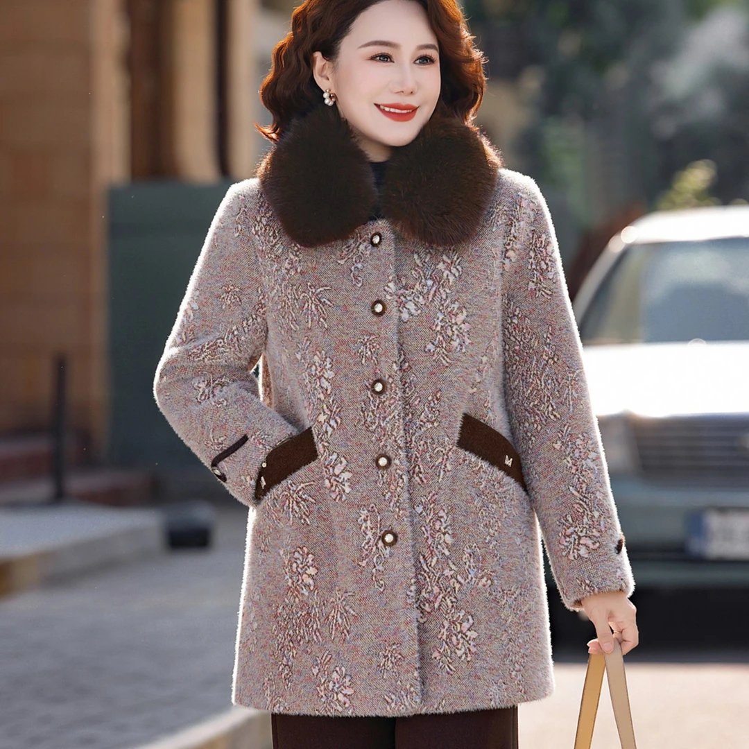 水貂绒女外套中长款加厚加绒冬季新款高档毛呢中老年妈妈高档大衣