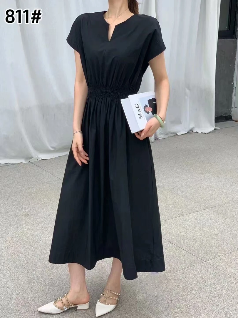 夏季常规袖V领知性风高腰连衣裙时尚新夏季气质飞飞袖连衣裙811