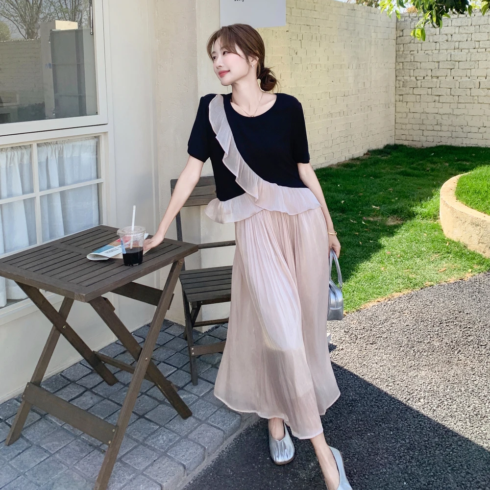 法式浪漫温柔风套装裙女夏设计感洋气荷叶边拼接上衣半身裙两件套