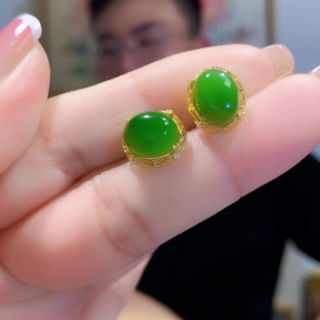 和田玉（碧玉）耳饰银S925镀金镶嵌