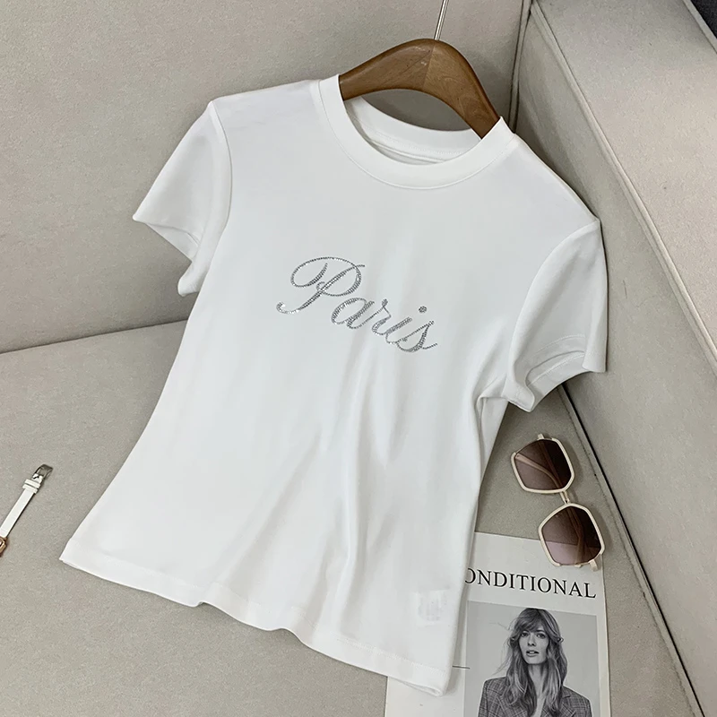 【南油溪溪】夏季时尚百搭夏季圆领T恤烫钻显瘦半袖短袖女800337