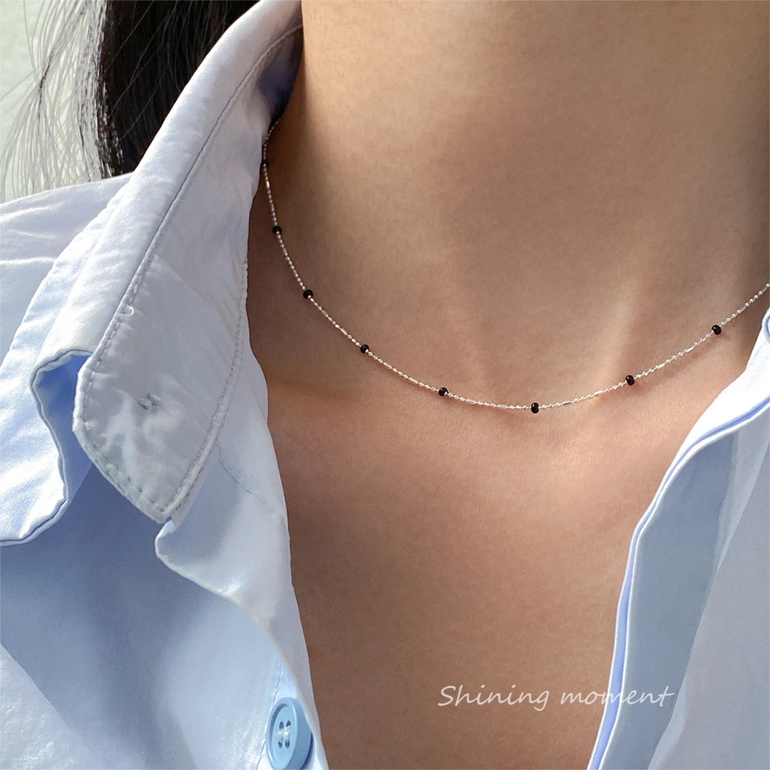 坠链均925银 黑色豆豆几何圆形项链韩系通勤颈饰品xl2303124-黑