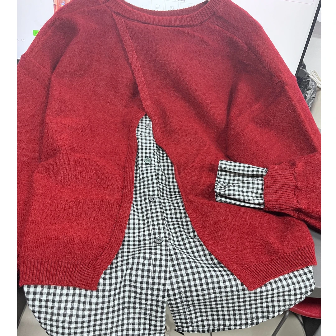 设计感条纹长袖衬衫拼接毛衣假两件上衣K24107