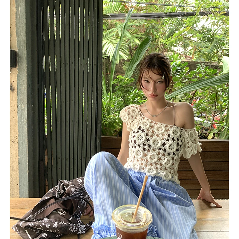 【菠萝冰沙】安东尼假日棒针手打镂空钩花针织背心4229