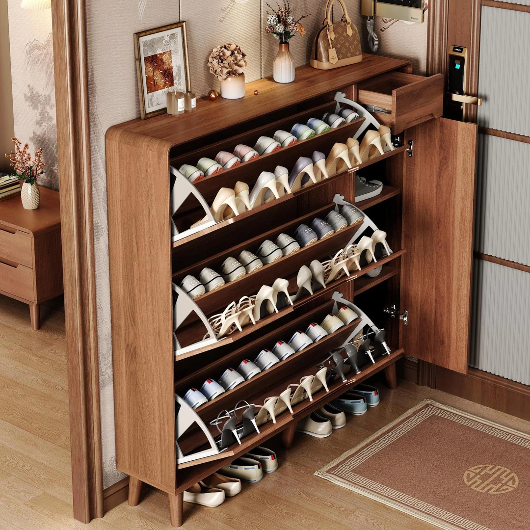 新中式超薄翻斗鞋柜家用门口进门靠墙楼道走廊一体实木色入户鞋架
