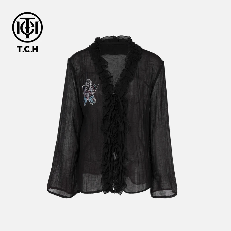 TCH烫钻工艺时尚休闲黑色设计蝴蝶衬衫女T75C13E1013轻奢tch