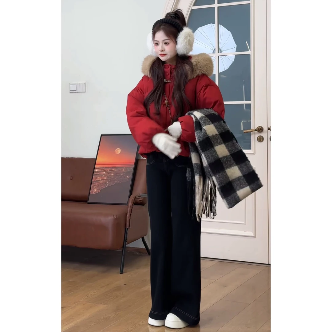 冬季一整套女装2025新款洋气百搭红色棉服外套高腰牛仔裤两件套潮