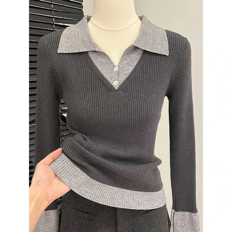 绝美！不能错过！设计感拼接假两件长袖针织衫女毛衣秋冬季内搭上衣