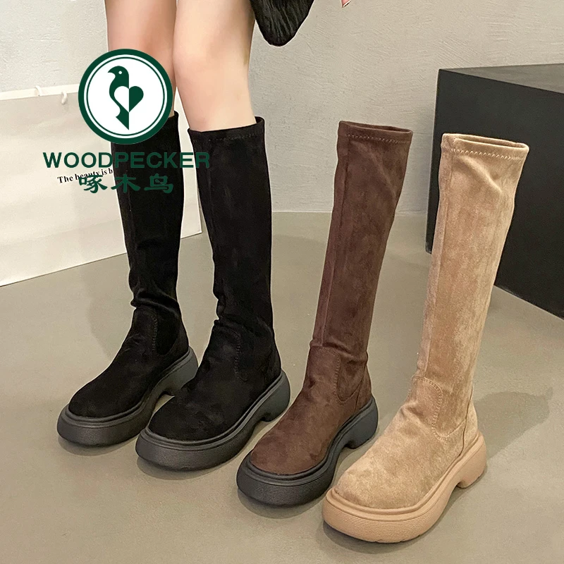 啄木鸟美拉德长靴女新款秋冬绒面平口厚底长筒靴弹力瘦靴高筒袜靴