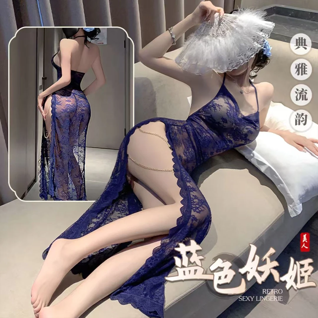 性感蕾丝挂脖吊带裙纯欲套装诱惑纯欲蕾丝薄款美背连衣裙