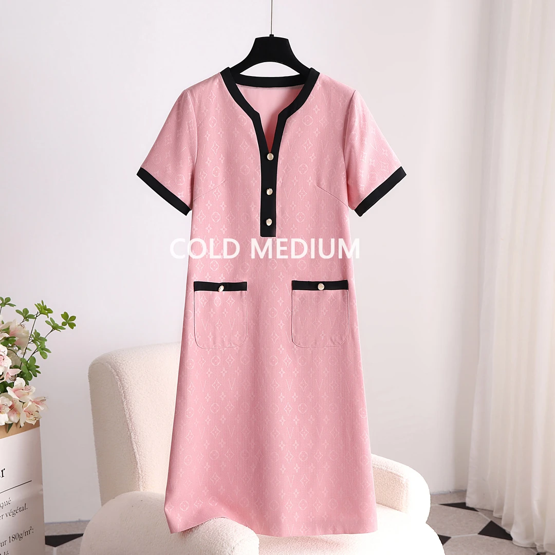 COLD MEDIUM气质拼接色V领连衣裙女装休闲百搭A字裙中长裙子 388