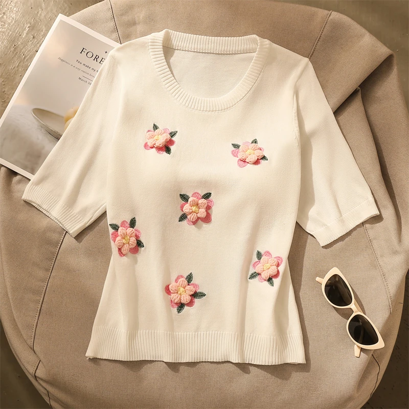 甜辣妹立体花朵圆领针织短袖t恤女2025夏季新款洋气减龄百搭上衣