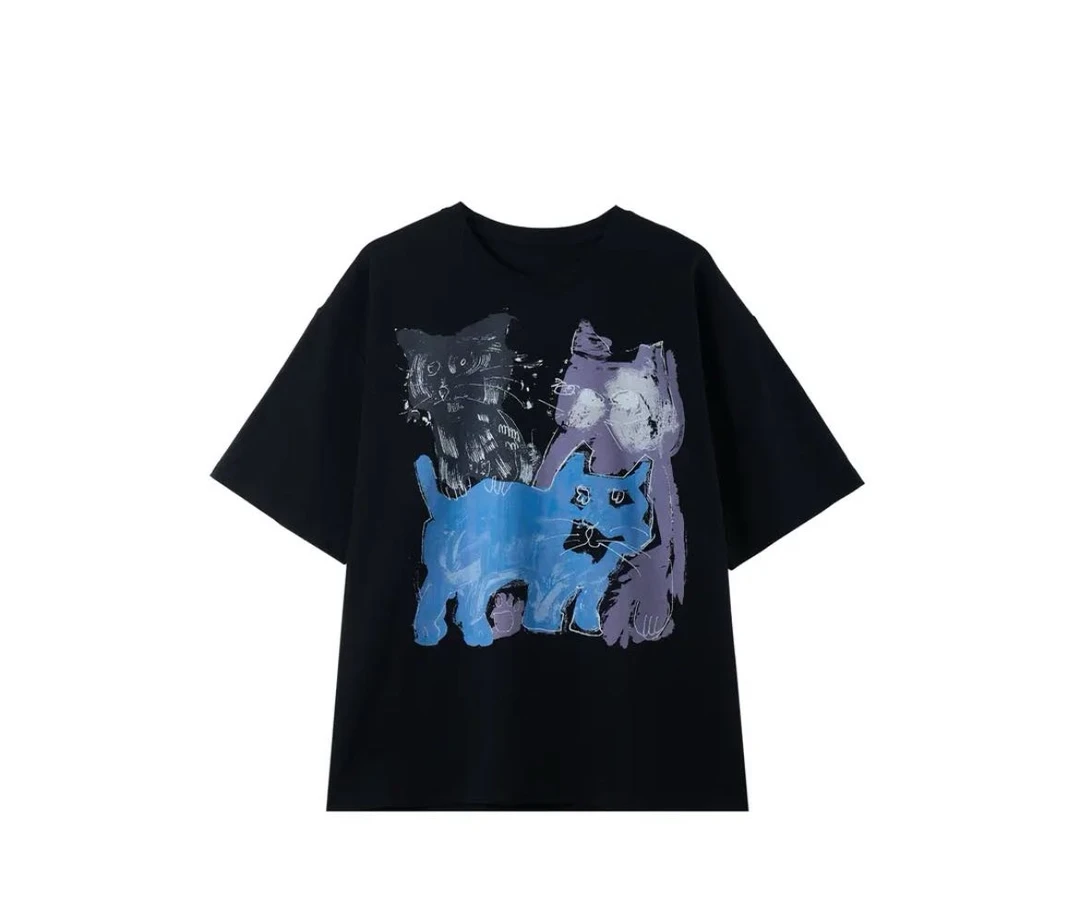 FUJIA STYLE新款韩版百搭时尚涂鸦猫猫圆领短袖T恤T63267