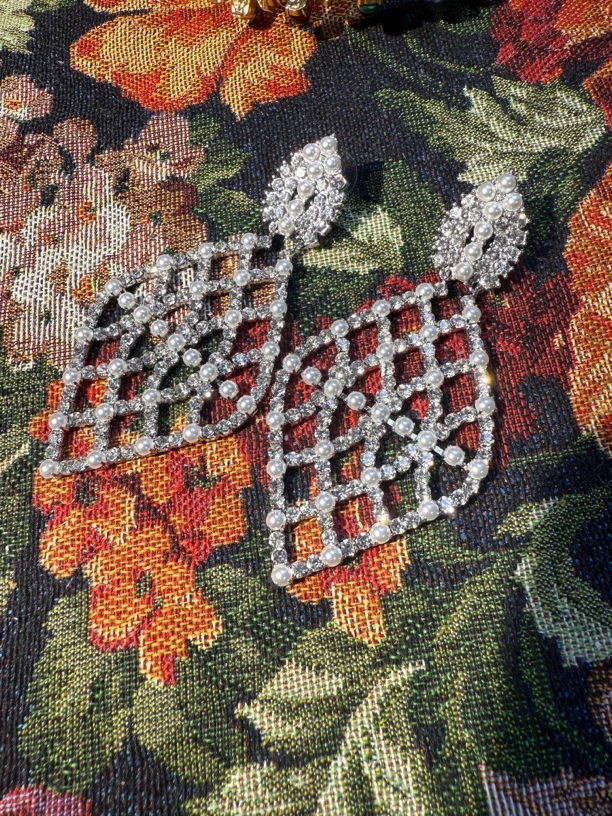 铜合金锆石耳饰 叶子网格耳坠时尚百搭气质