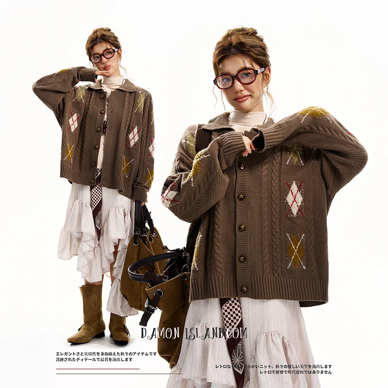 达蒙岛美式复古菱形格设计感针织衫毛衣秋冬慵懒风高级感开衫外套