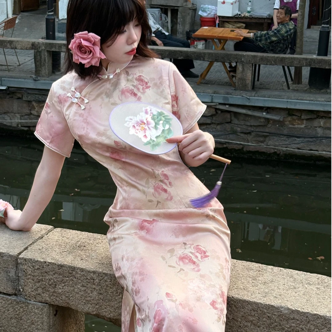 LHMknk1画报夫人原创新中式素雅旗袍中国气质旗袍 短袖朝花夕拾