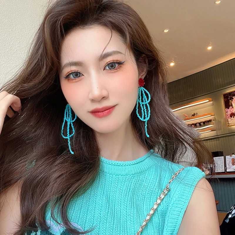 时尚手工串珠耳环红蓝撞色韩国小众复古耳钉长款流苏耳坠女