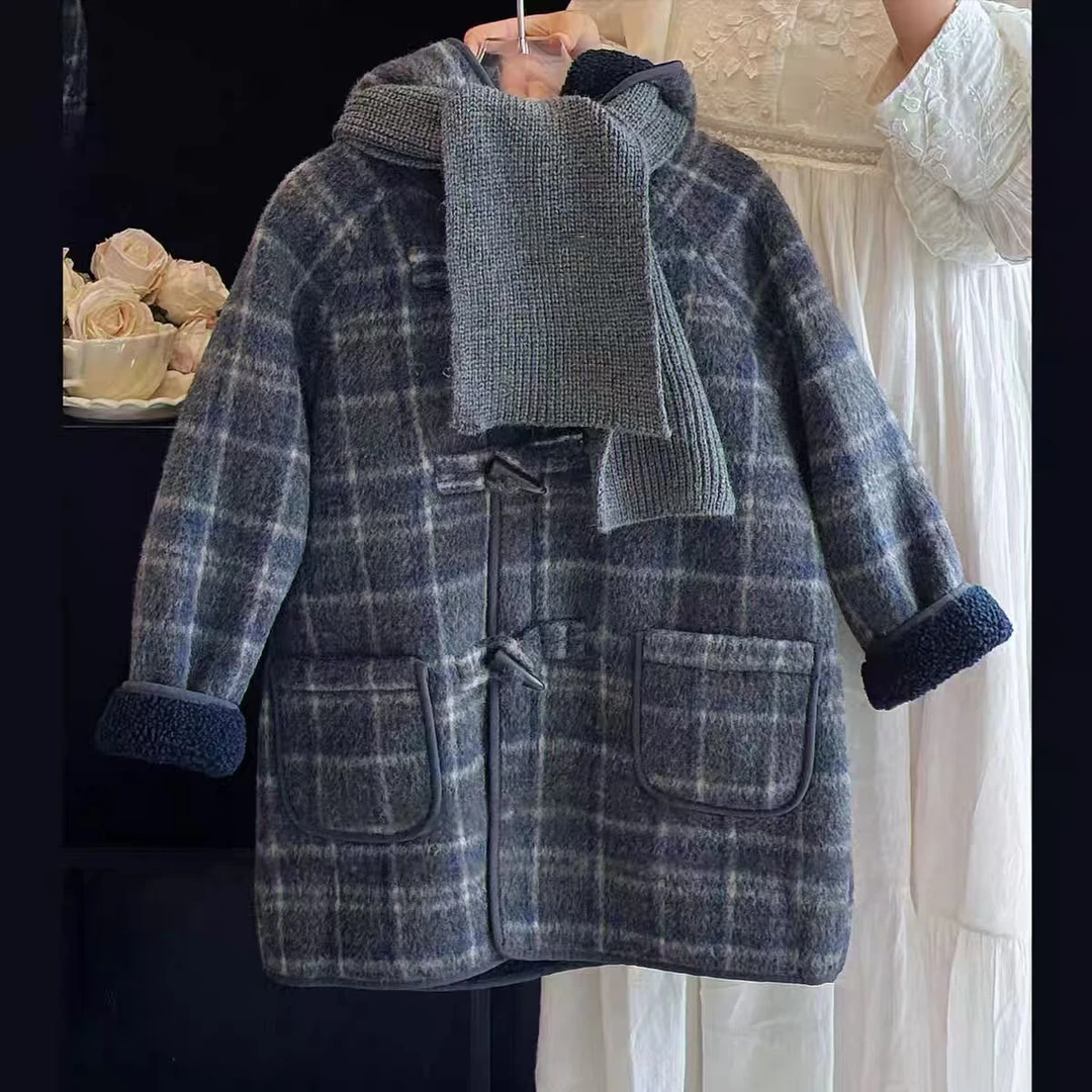 男女童格子中长款大衣25年冬儿童洋气连帽加绒毛呢单排扣保暖外套