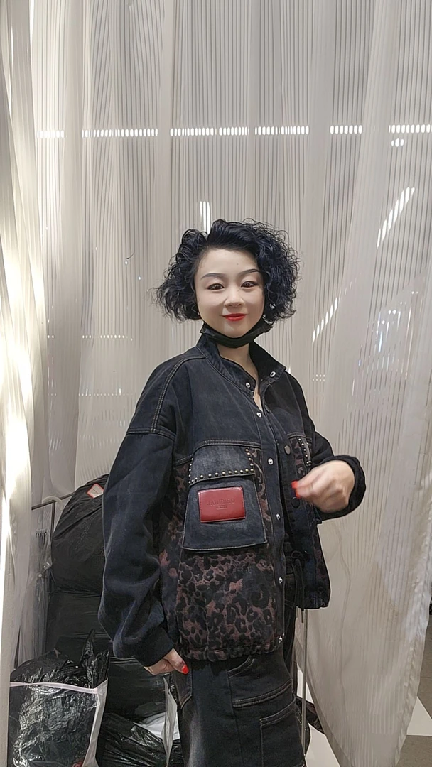 加绒豹紋拼牛仔欧货立领外套