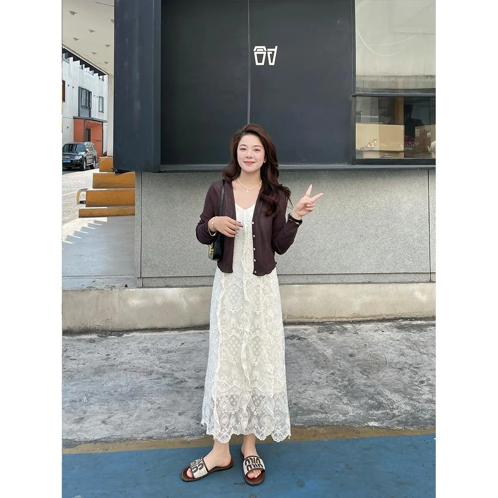 WenWen小个子韩版新款蕾丝拼接连衣裙+叠穿时尚外套2516