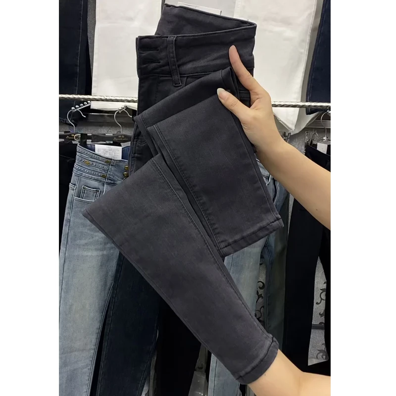 黑灰色高腰弹力小脚牛仔裤女春季加绒加厚大码修身显瘦九分铅笔裤