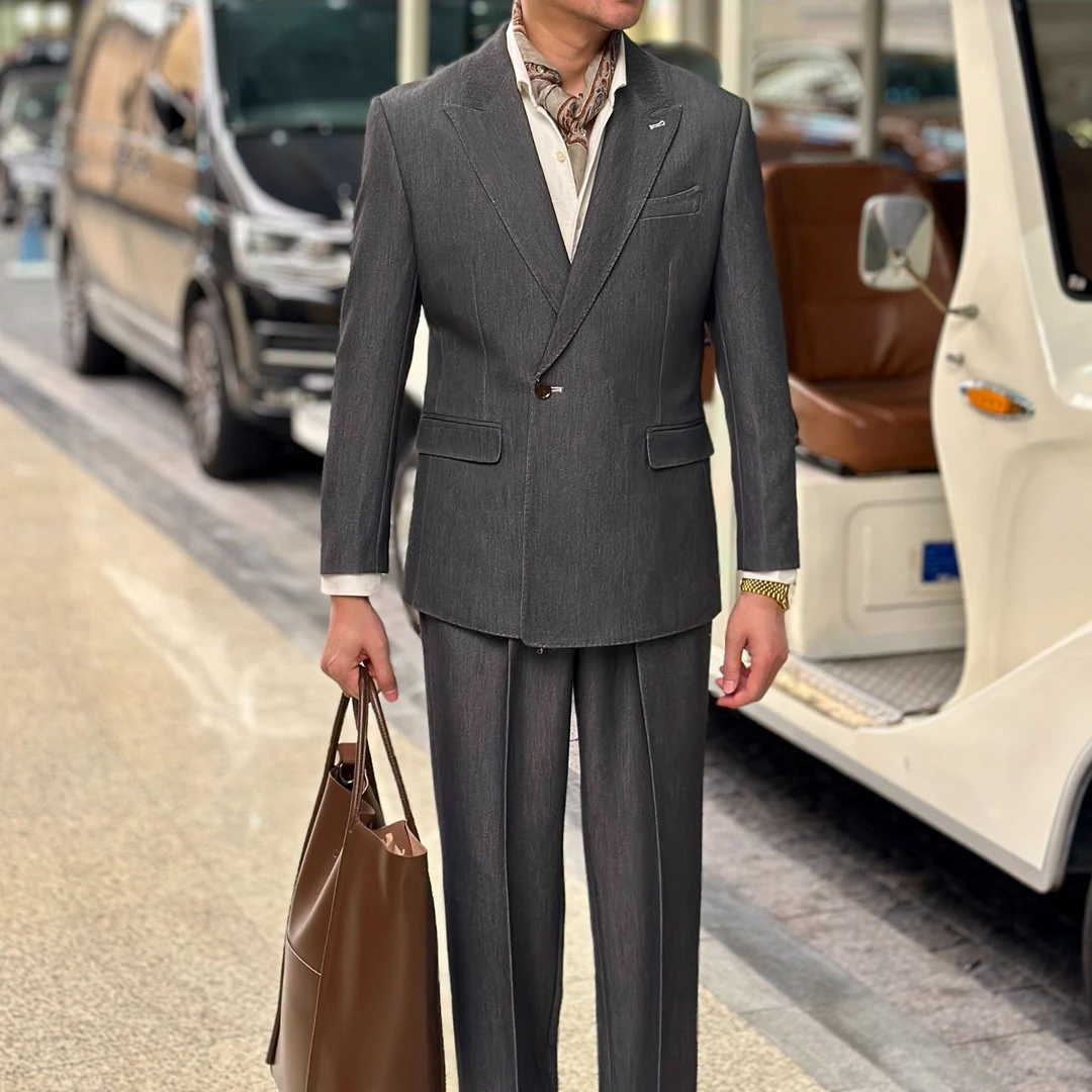 复古水洗牛仔灰色时髦潮流西服套装男士休闲日常通勤