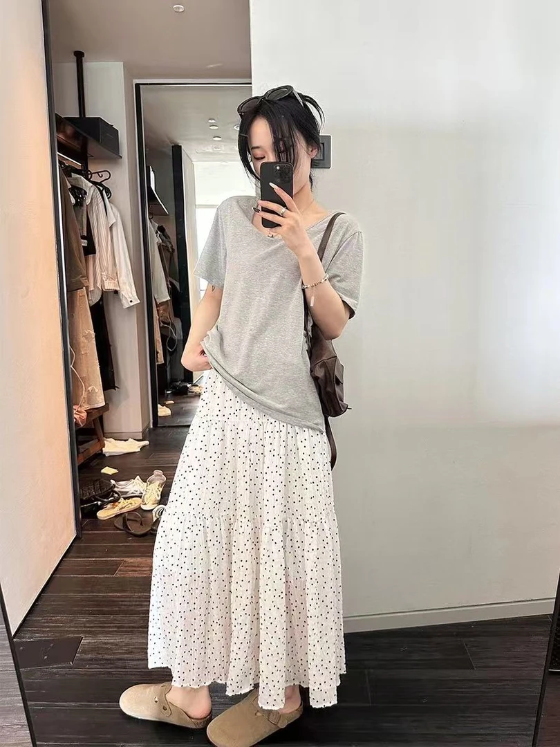 韩系波点半身长裙休闲风时尚裙子百搭夏季A字宽松套装波点高腰