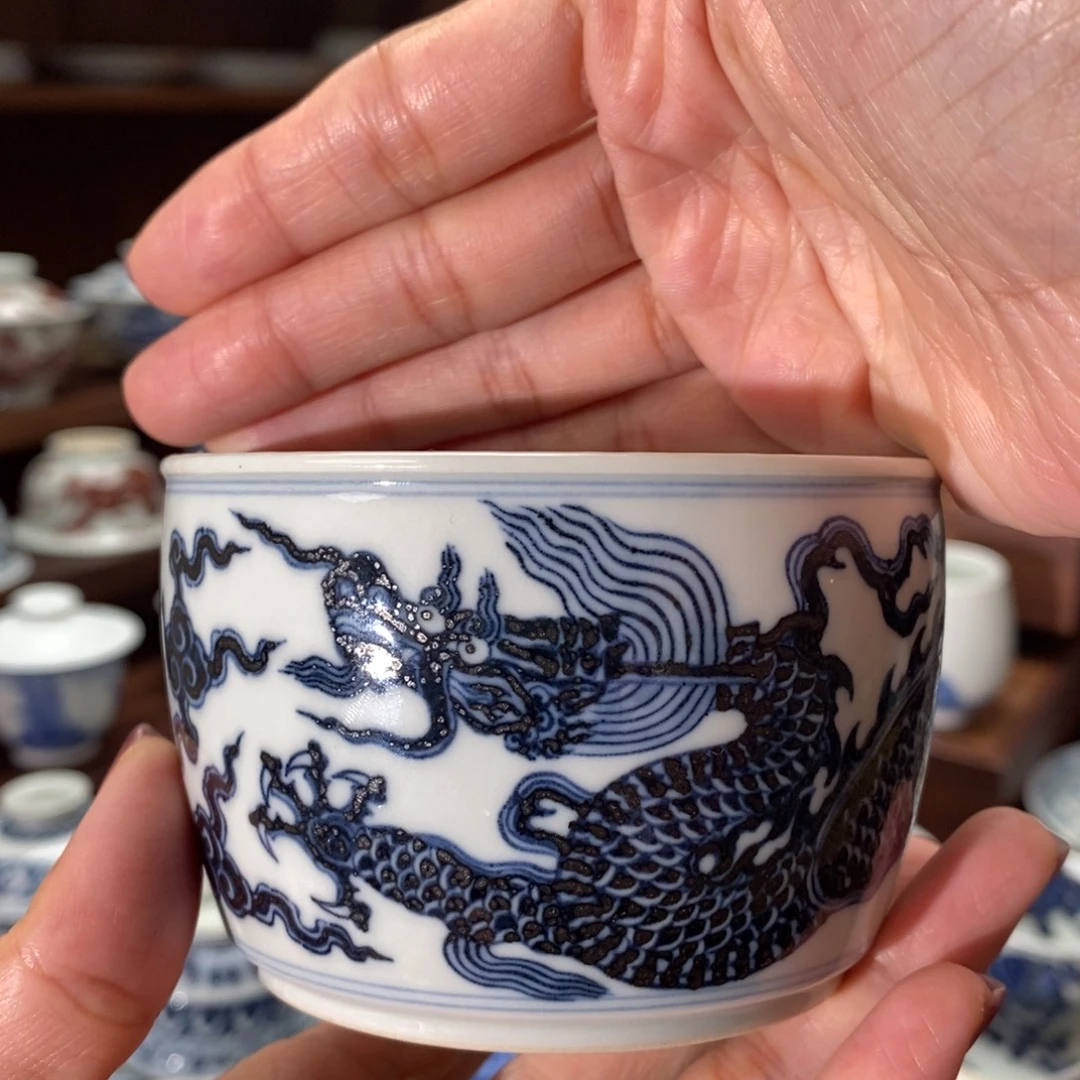 青花仿明霸王龙缸杯