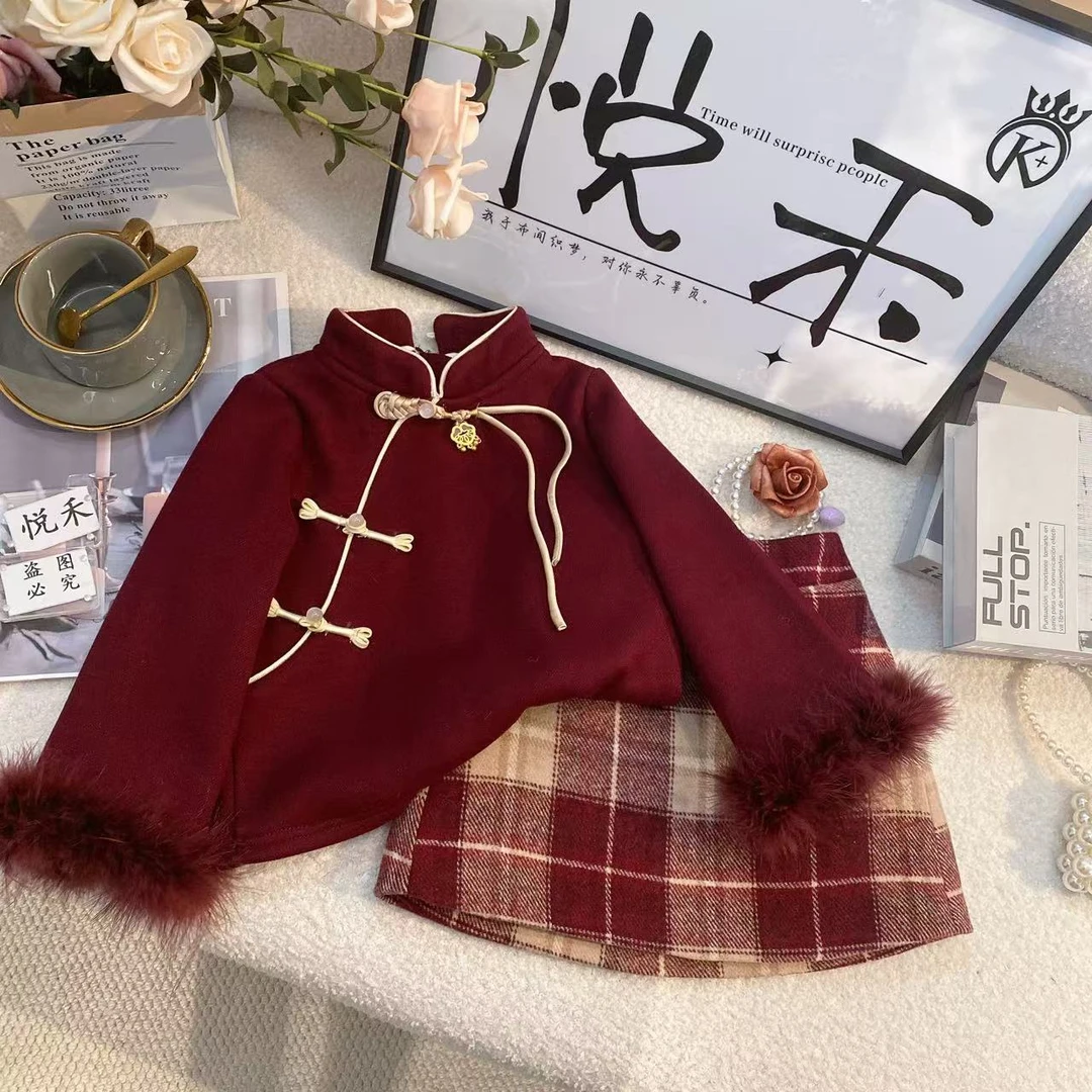 SD萌娃冬装新款安格拉新年红加绒暖冬国风格子裙套装6470儿童服装