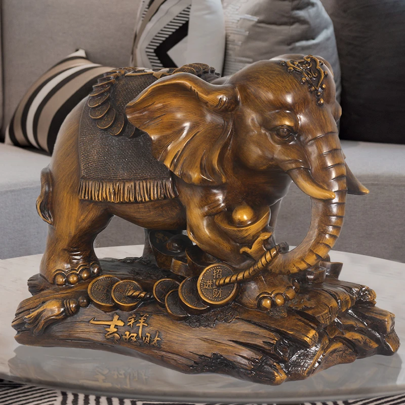 中式财福大象摆件公母一对招财吸水象客厅办公室玄关工艺品装饰品