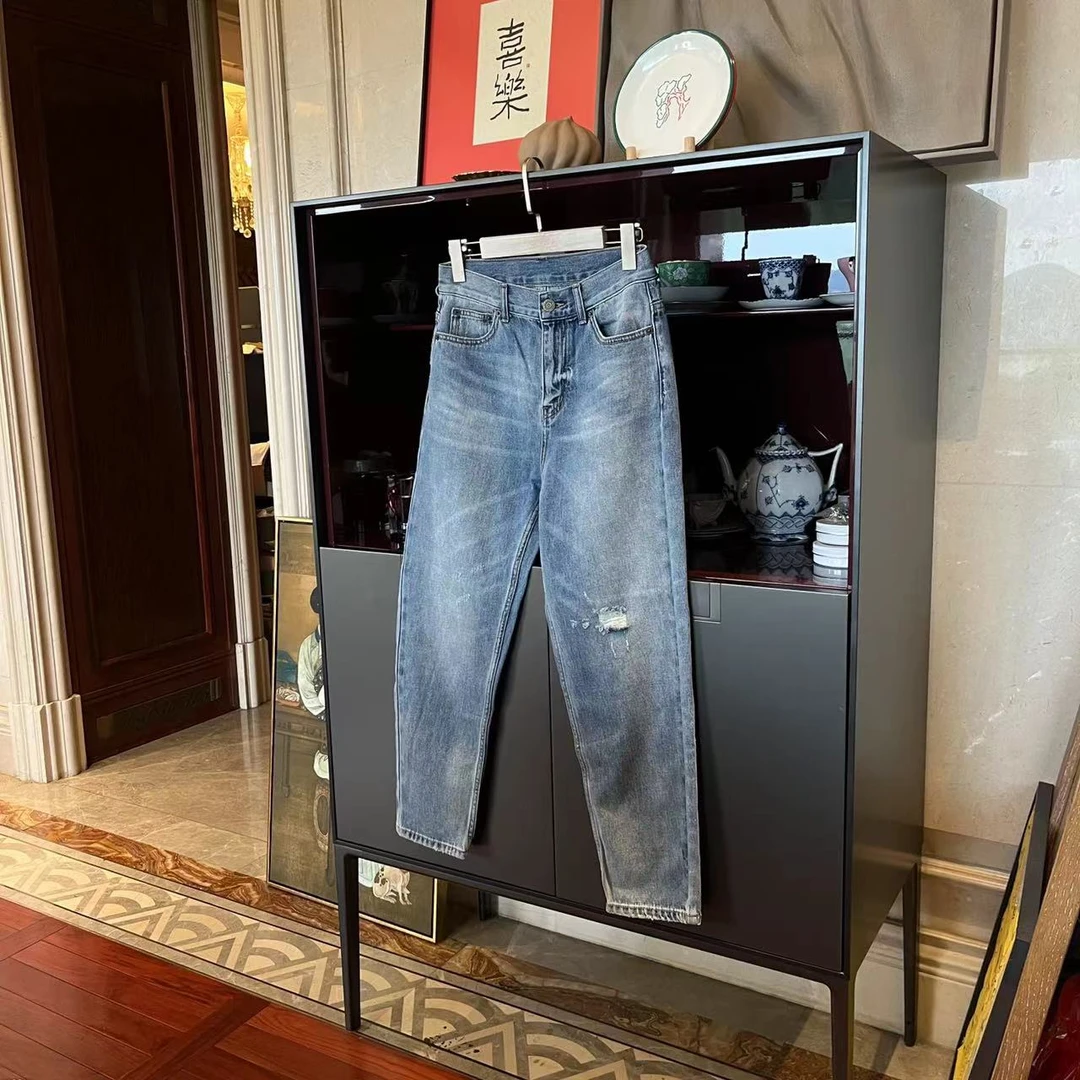 漫颜刘2024春夏新款纯棉水洗牛仔裤时尚休闲百搭破洞小脚长裤