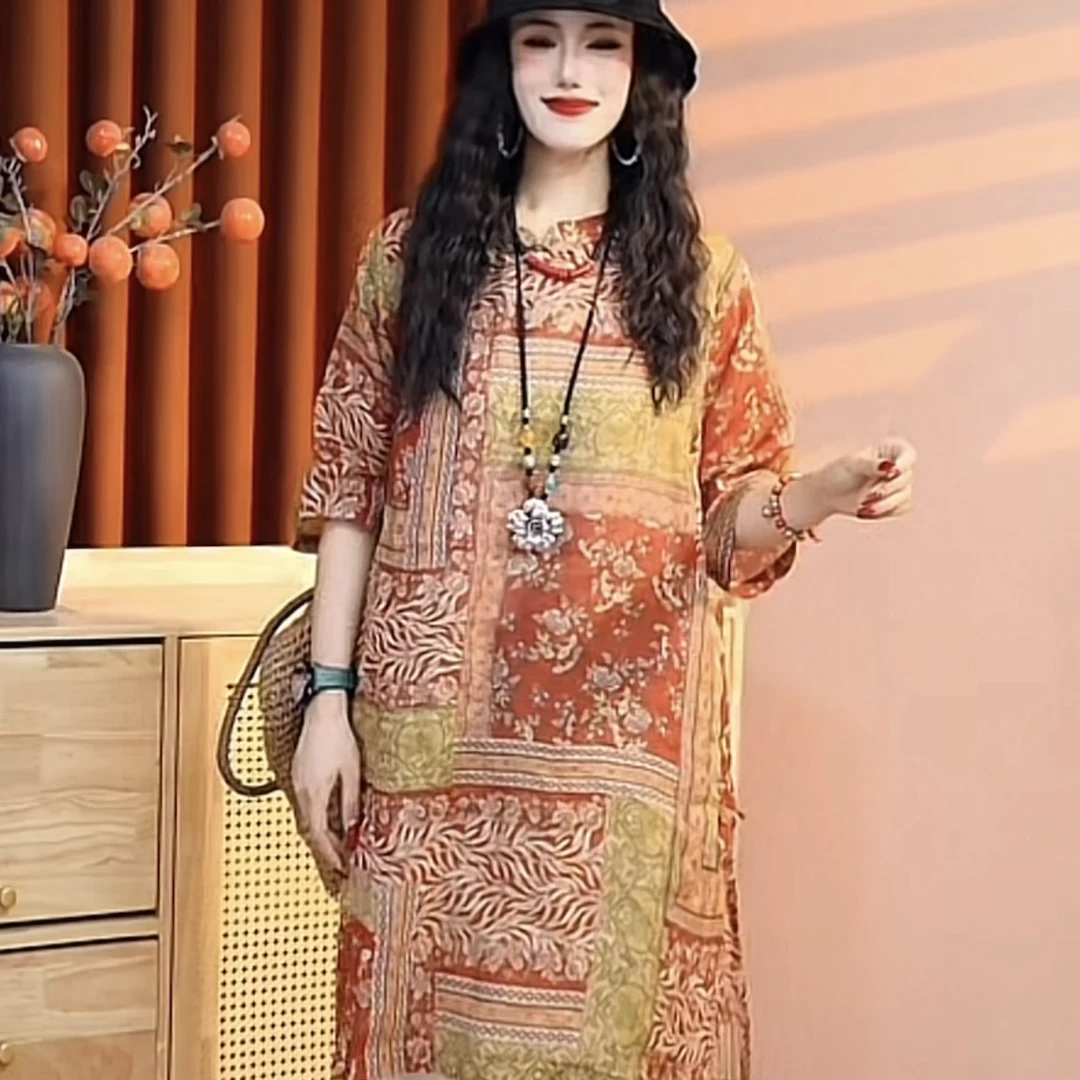 【满分苎麻】2025春夏新款复古中式宽松纯苎麻套头女长款衬衫70011