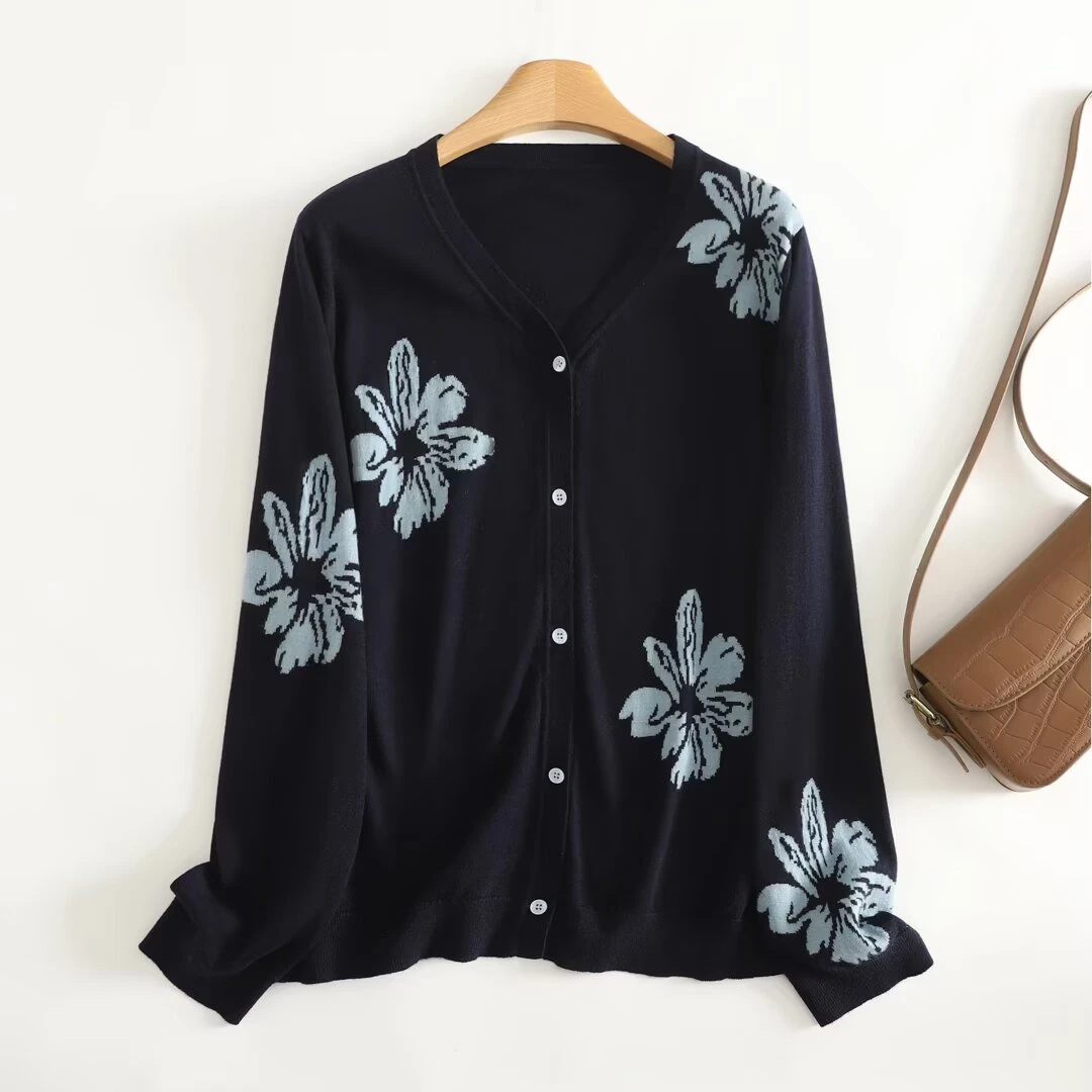 气质提花洋气开衫早秋长袖大码胖mm显瘦针织衫V领