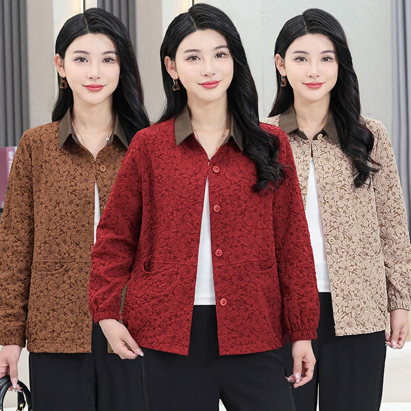 新款妈妈宽松时尚外套翻领夹克中老年百搭女装显瘦洋气上衣休闲