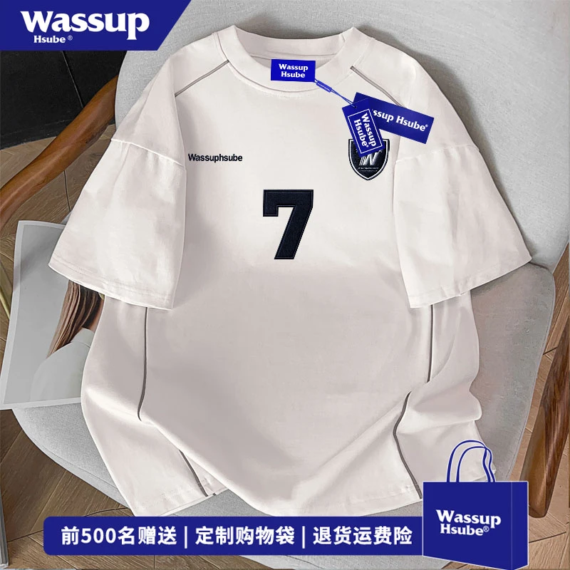 WASSUP HSUBE 欧美式仿刺绣数字印花上衣夏季宽松百搭纯棉短袖男