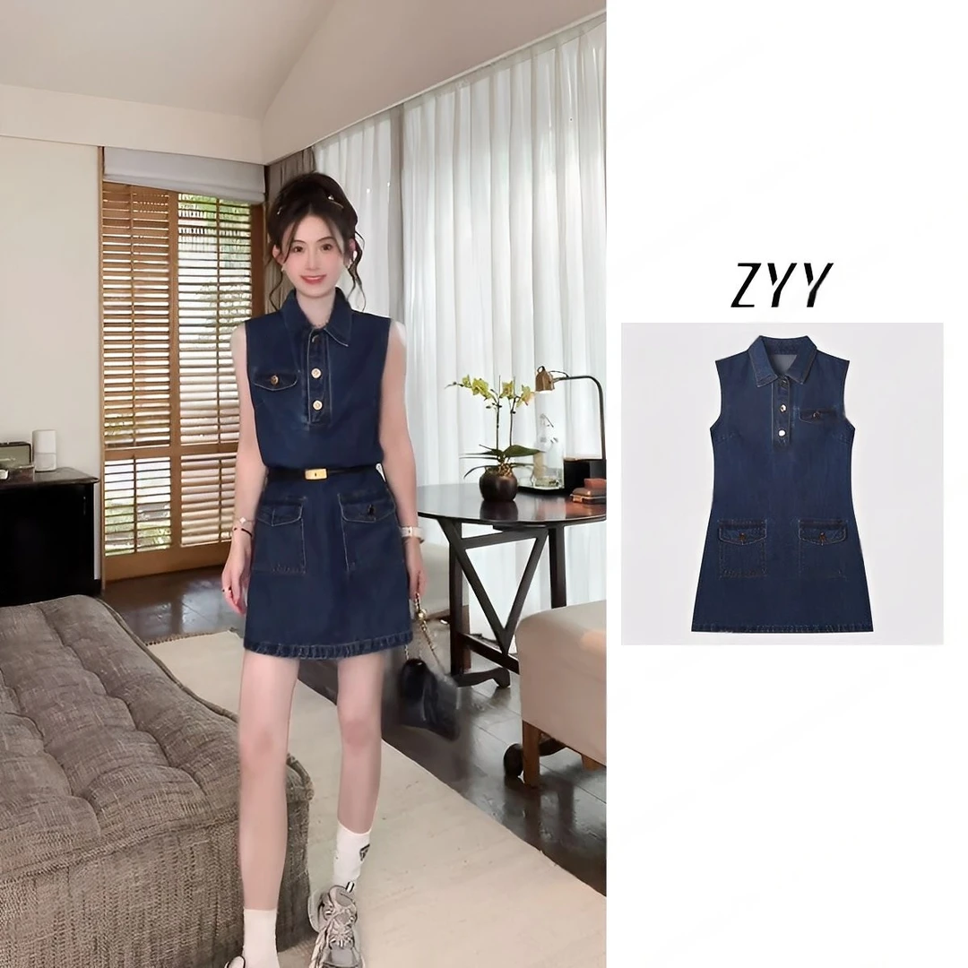 ZYY【蔚蓝假日】2025/S新品设计翻领无袖A字牛仔连衣裙X25XLYQ02625