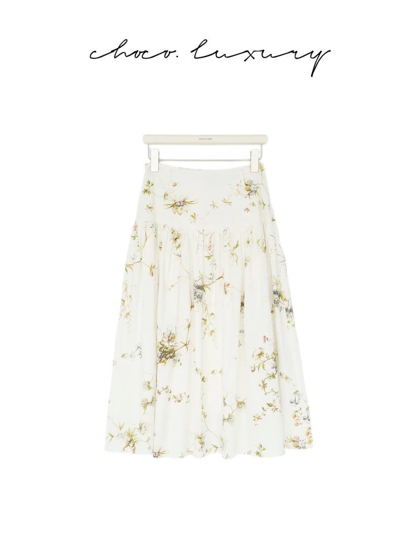 CHOCO【露西】100%棉定制花型高腰拼接设计感显瘦腰头半身裙 D3073
