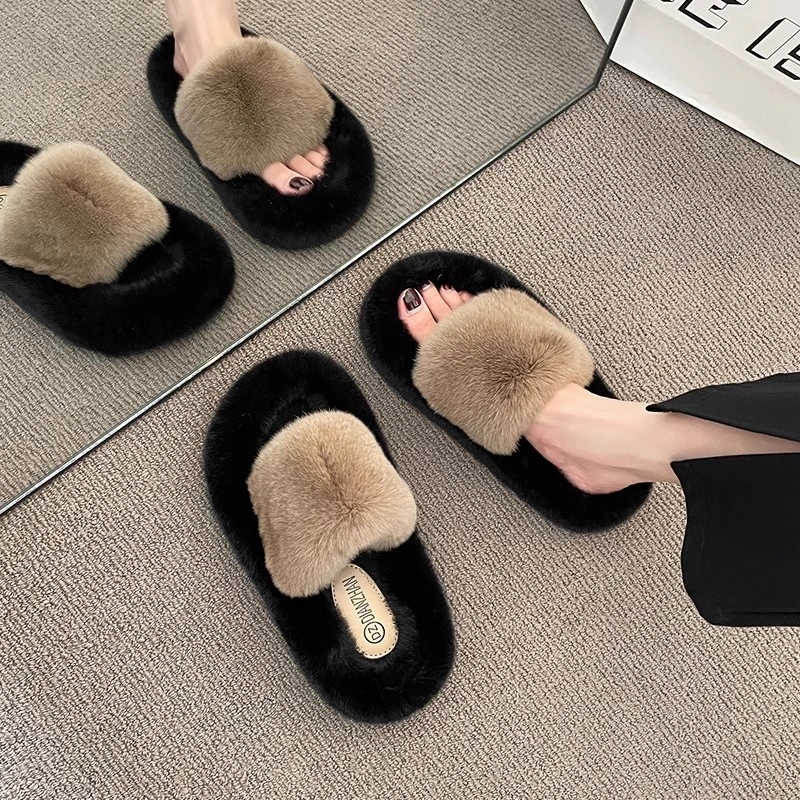 平底防滑朋克风纯色交叉ins一字拖时尚毛拖百搭秋冬季秋季拖鞋