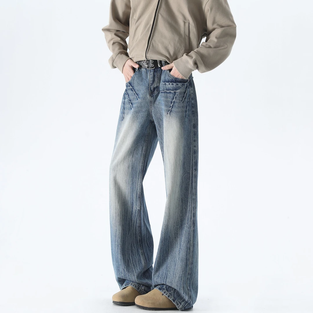 夏季牛仔裤男款爆款2025新款弹力宽松直筒水洗百搭设计感长裤