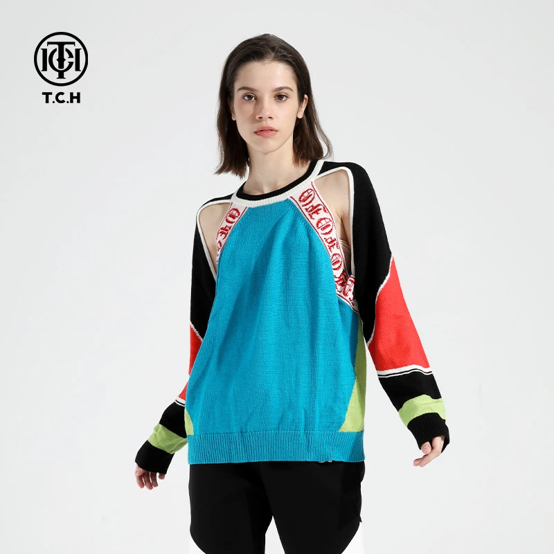 奥莱-TECHNO CHILLOUT HOUSE潮牌露肩拼色烫钻针织衫 T21109C3013